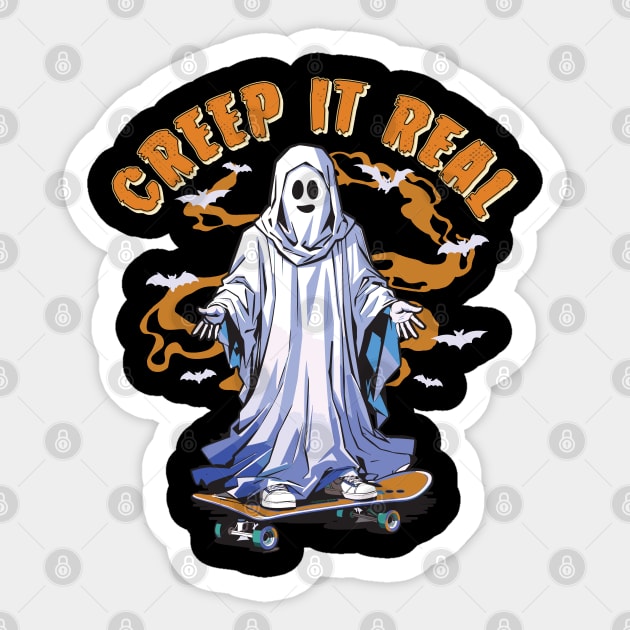 Creep It Real Skateboarding Ghost Retro Halloween Costume Sticker by Graphic Duster